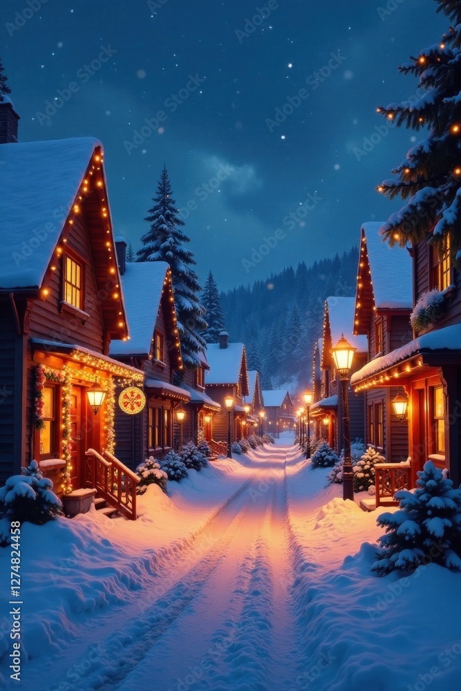 Snowy village street at dusk with festive lights and Christmas decorations, holiday lights, evening glow Snowy village street at dusk with festive lights and Christmas decorations, holiday lights, evening glow