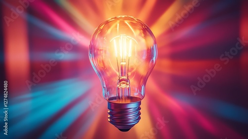 Glowing light bulb at the center, radiating knowledge and creativity, illuminated by colorful rays, energy fields flowing outward, digital concept, highdefinition, 8K