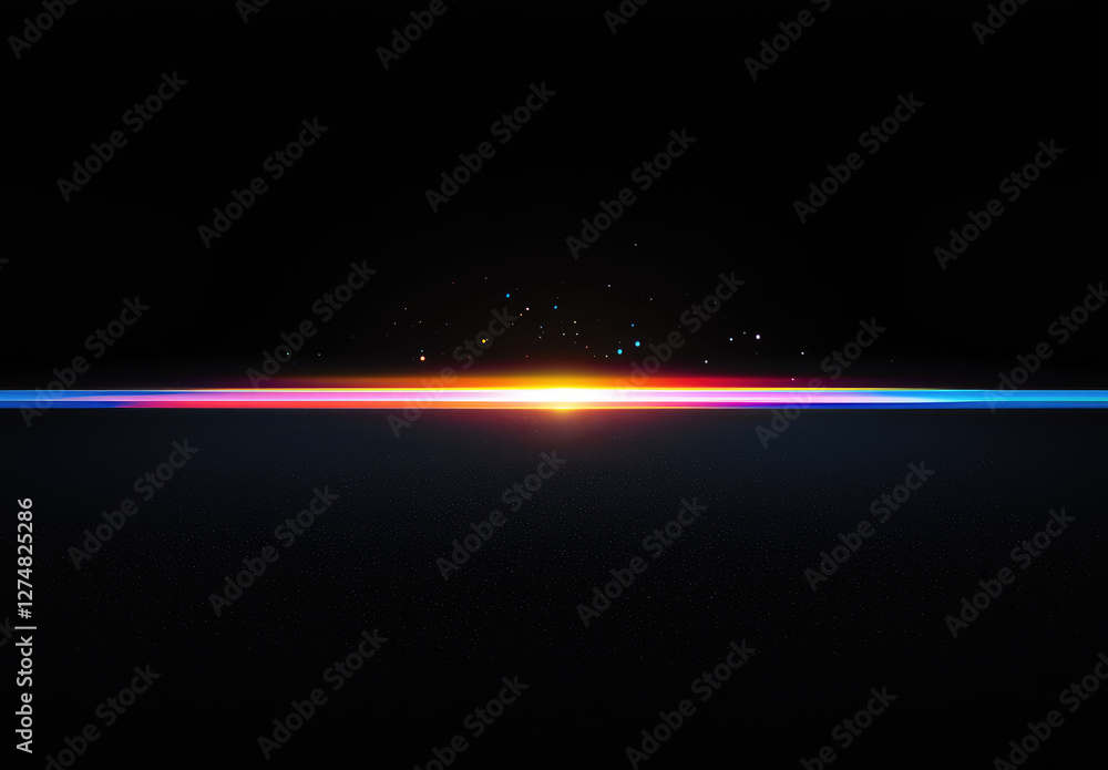 Fototapeta premium Abstract colorful light streak across a dark background, creating a vibrant horizontal line with glowing particles.