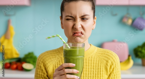 Young caucasian female reacting to unpleasant green smoothie taste in colorful kitchen