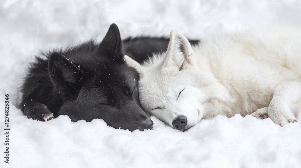 Obraz premium A black and a white wolf lying and cuddling together in the snow.