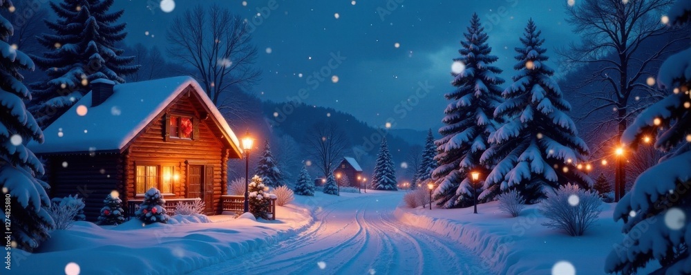 Fototapeta premium Snowy winter landscape with Christmas decorations at night, festive atmosphere, snowy winter, festive lights