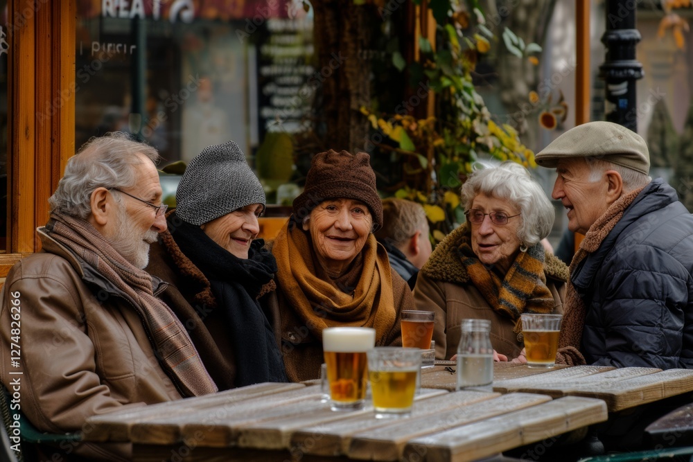 A group of pensioners drink beer in a street cafe. A group of pensioners drink beer in a street cafe.