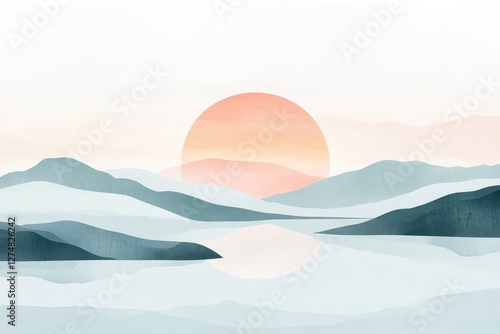 Minimalist landscape art depicts sunrise over calm blue mountains