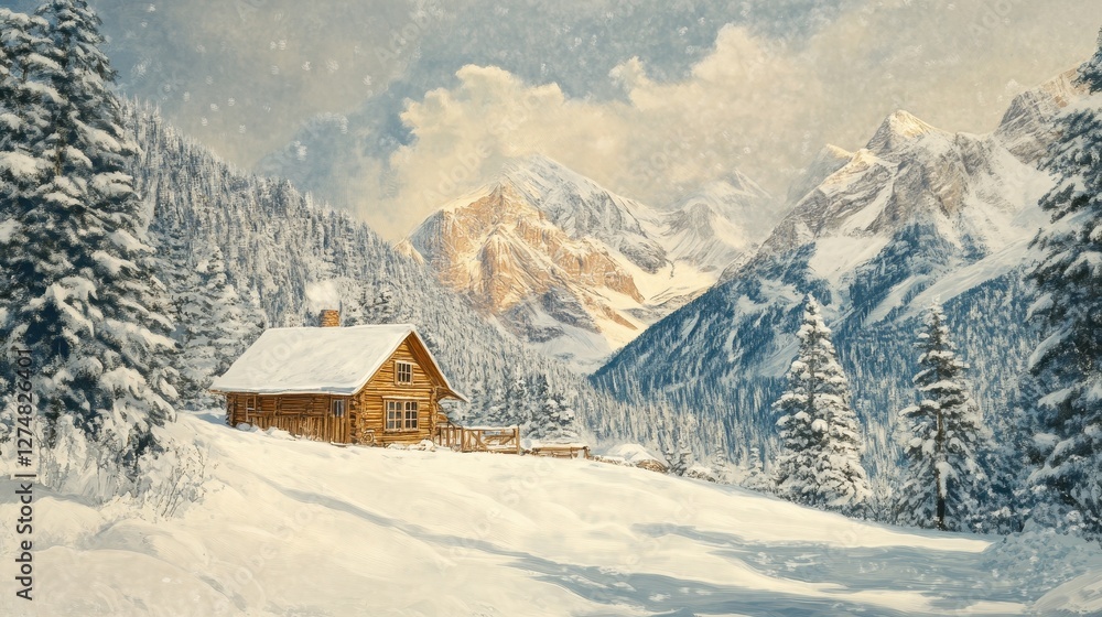 A cozy cabin nestled amidst a snowy mountain landscape A cozy cabin nestled amidst a snowy mountain landscape