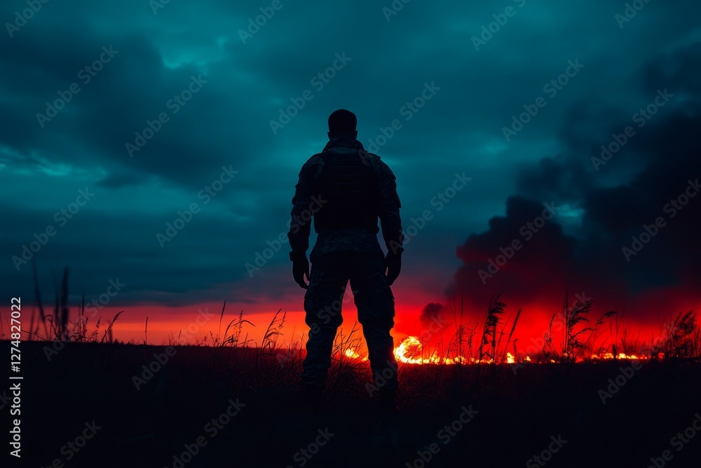 A lone soldier journeys through a bleak battlefield. Depiction of a military man walking in a terrain ravaged by war. Destruction is clear, and smoke and fog permeate the air, creating a poignant A lone soldier journeys through a bleak battlefield. Depiction of a military man walking in a terrain ravaged by war. Destruction is clear, and smoke and fog permeate the air, creating a poignant