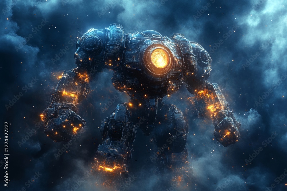 The scene is a 3D illustration of a sci-fi mech in an attacking pose in a foggy night setting, with an assault gun in hand, and set against a dark background. It depicts a military attack aircraft The scene is a 3D illustration of a sci-fi mech in an attacking pose in a foggy night setting, with an assault gun in hand, and set against a dark background. It depicts a military attack aircraft