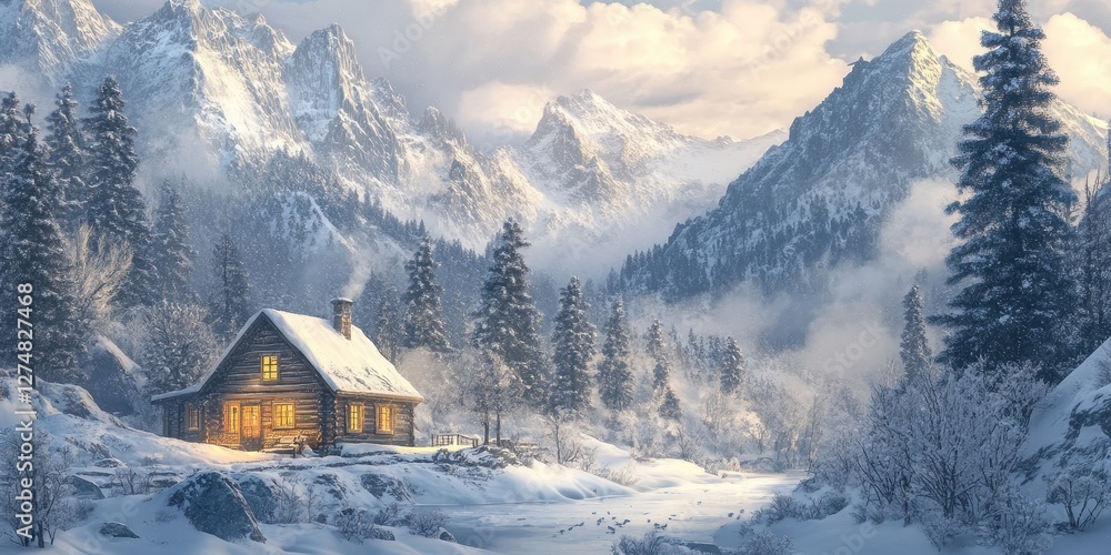 Fototapeta premium Cozy cabin glows amidst snowy mountain winter wonderland scene