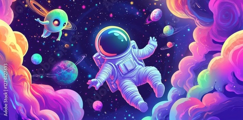 Wallpaper Mural Cartoon astronaut floats peacefully through colorful nebula filled space Torontodigital.ca
