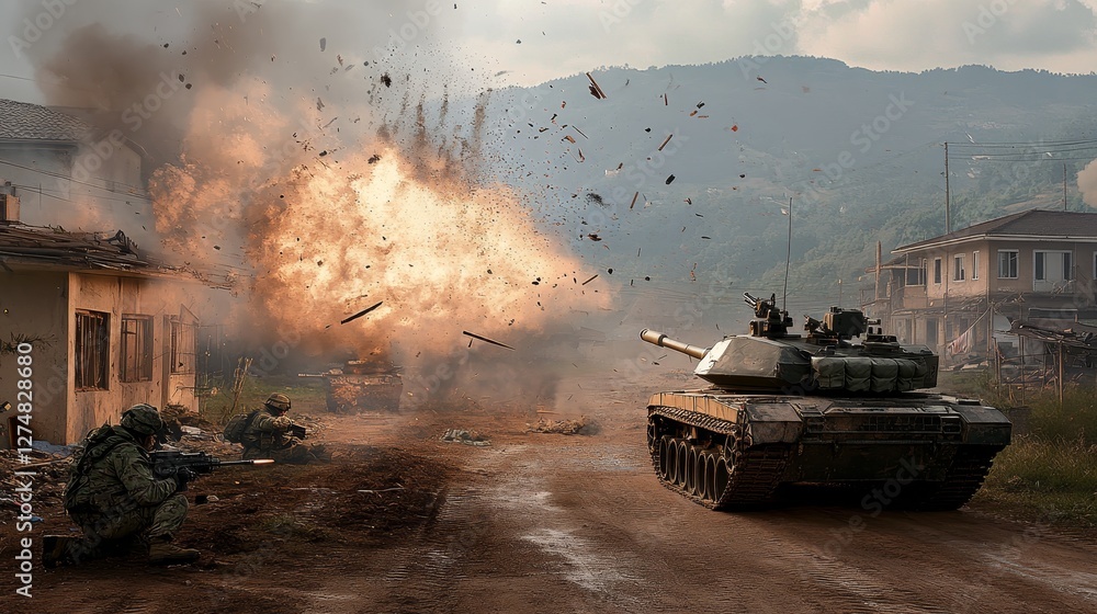 Fototapeta premium War Concept. Features military silhouettes locked in combat under a foggy sky, with World War soldiers positioned beneath a cloudy horizon. The battle scene includes armored vehicles in an attack. 3D