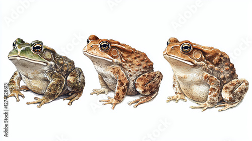 Watercolour illustration collection of common toads isolated on white background, generative ai animal clipart bundle.