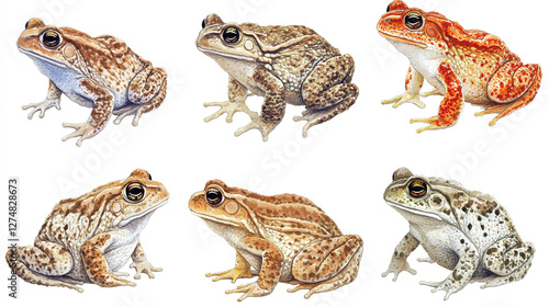 Watercolour illustration collection of common toads isolated on white background, generative ai animal clipart bundle. photo