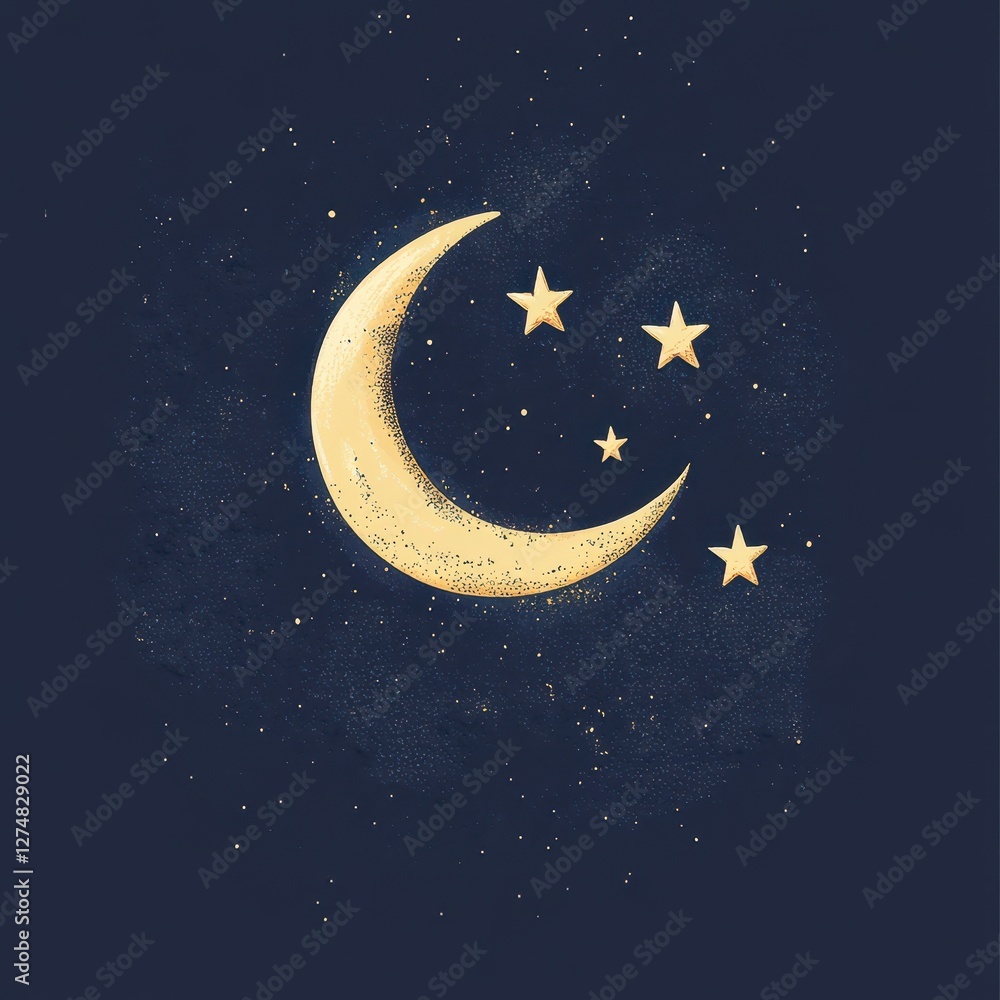 Obraz premium Crescent moon shines alongside golden stars in dark blue sky
