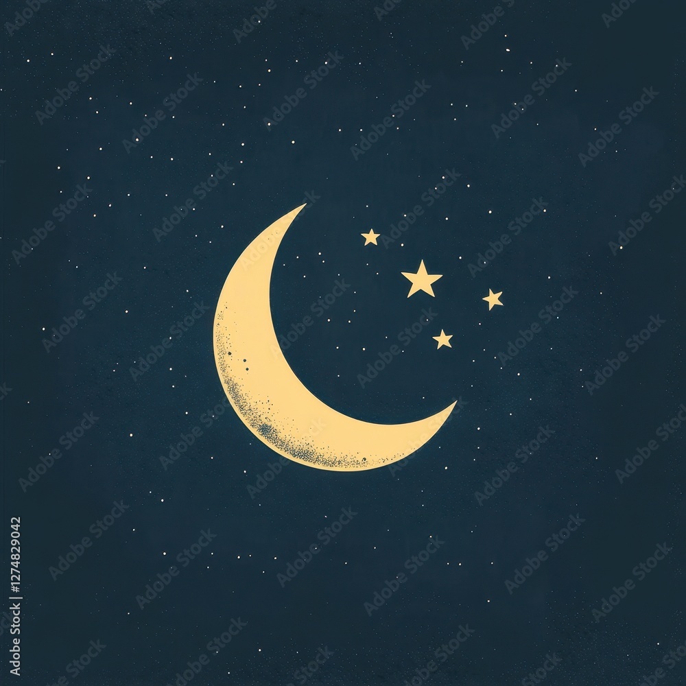 Fototapeta premium Crescent moon and stars shine in the dark night sky