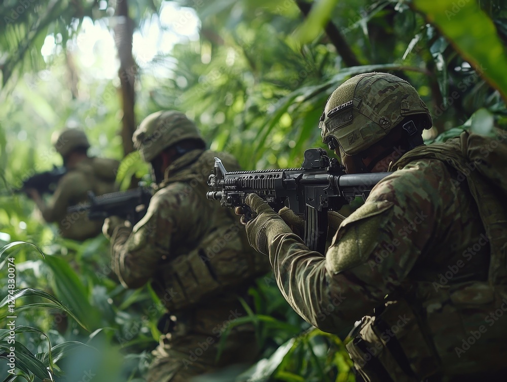 Fototapeta premium Through a thick, misty jungle, soldiers in camouflage move cautiously, rifles at the ready. The picture suggests a tense atmosphere of danger, readiness, and the unforgiving conditions of combat.