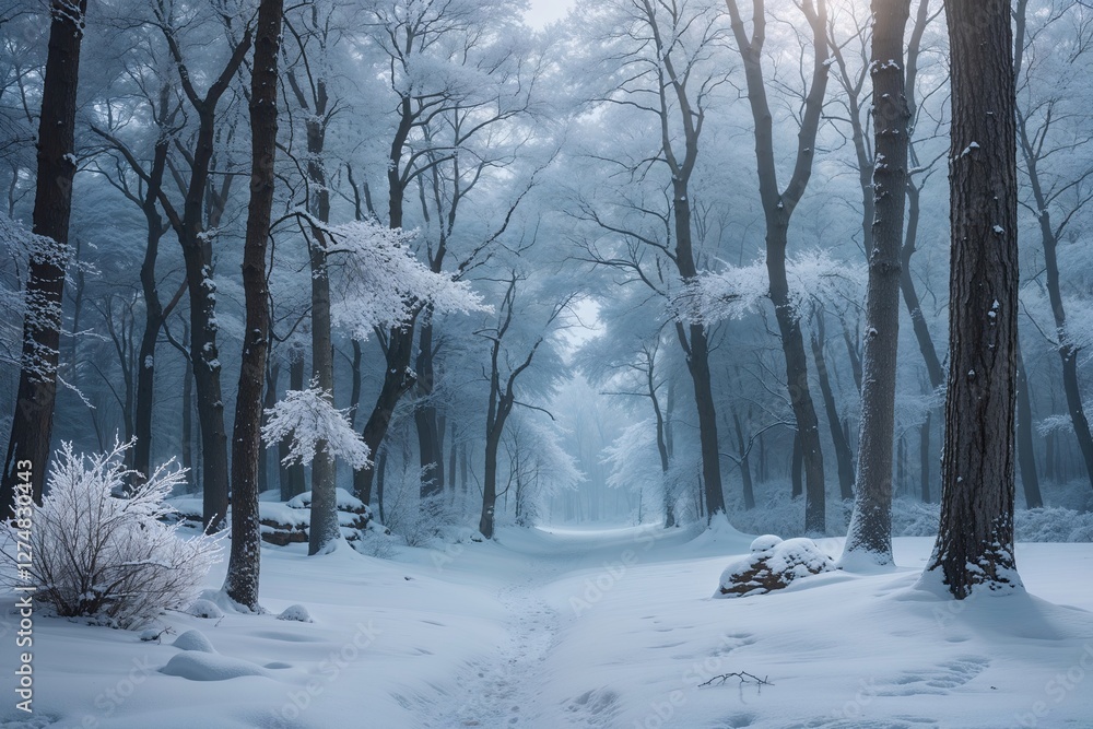 Fototapeta premium Enchanting Snowy Forest Landscape A Tranquil Winter Wonderland Experience
