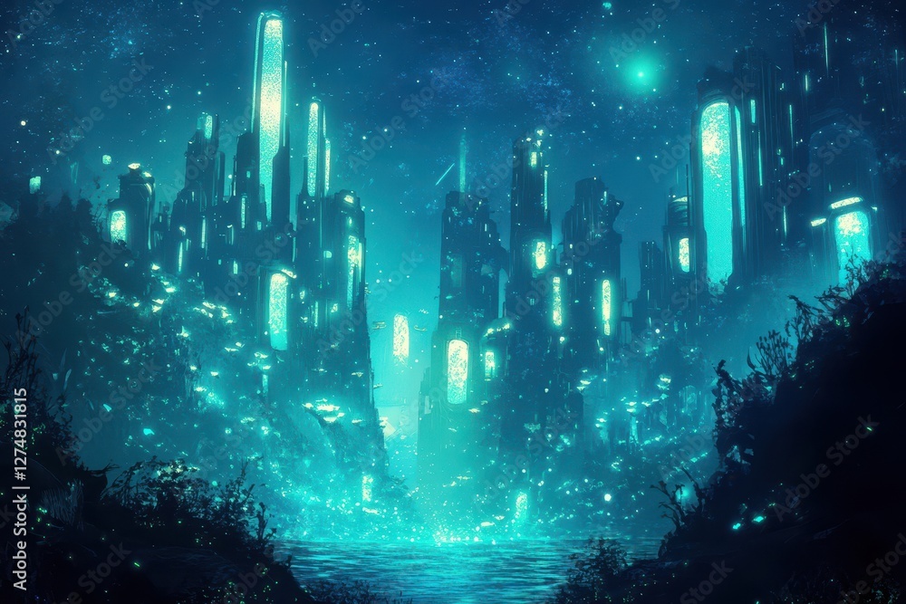 Futuristic city skyline illuminated at night above reflective water Futuristic city skyline illuminated at night above reflective water
