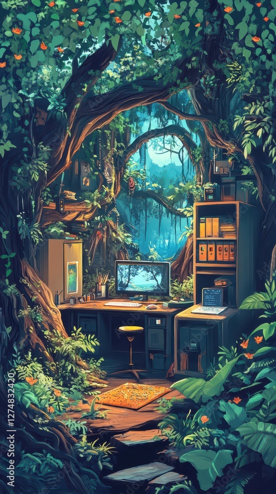 Workspace blends seamlessly with nature amidst a lush green forest Workspace blends seamlessly with nature amidst a lush green forest