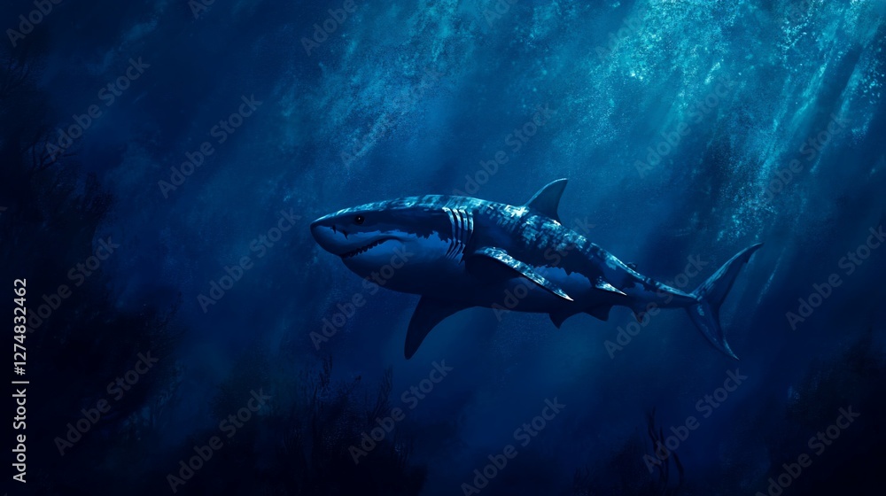 Fototapeta premium Great White Shark majestically swimming in the deep blue ocean depths