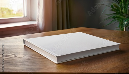 A Tranquil Study Room A White Book Against a Bare Canvas on a Rustic Table Near a Sunlit Window, Invoking Calm and Inspiration