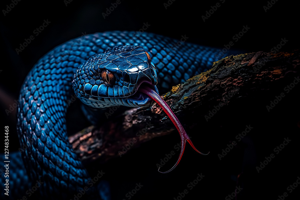 Obraz premium Vivid Blue Snake Coiled on a Tree Branch: Full-Body View with Tongue Out, Captured Against a Black Background, Highlighting Its Grace, Striking Color, and Mysterious Elegance in Nature