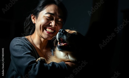 A joyful moment shared between an east asian woman and her dog captured in soft light during an intimate evening at home East Asian china japan japanese asian korea korean taiwan east asia singapore s photo