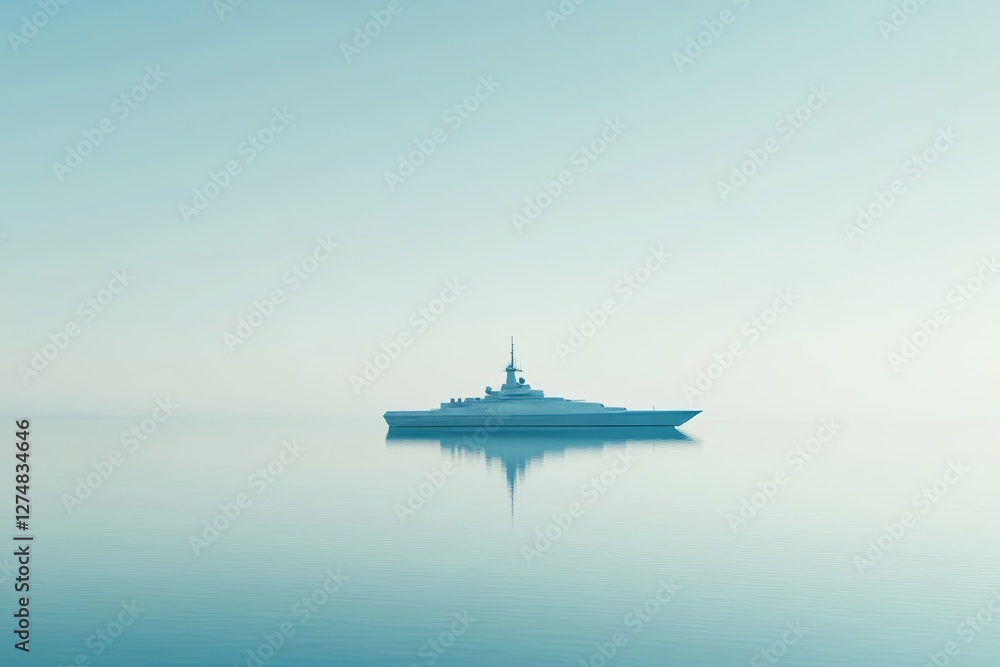 Obraz premium The majestic battleship emerges from the misty waters, its grandeur reflected in the still water.