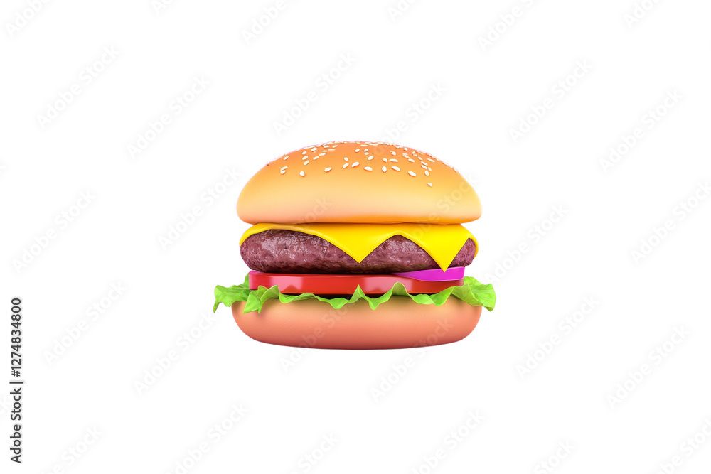 Cartoon hamburger with lettuce and tomato on top, isolated