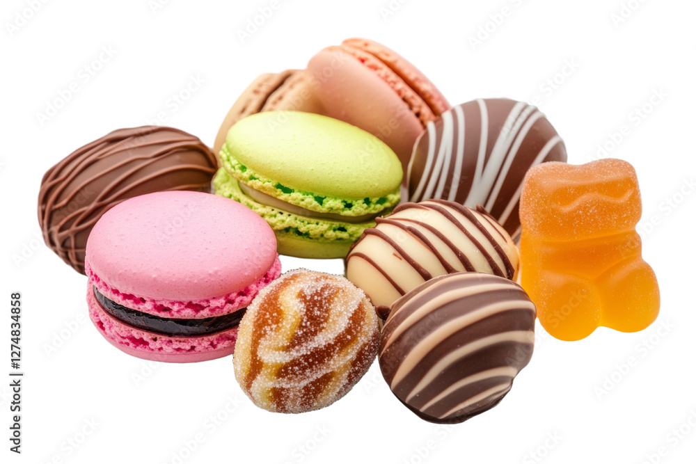 Variety of desserts including macarons, chocolate covered pastries, isolated Variety of desserts including macarons, chocolate covered pastries, isolated