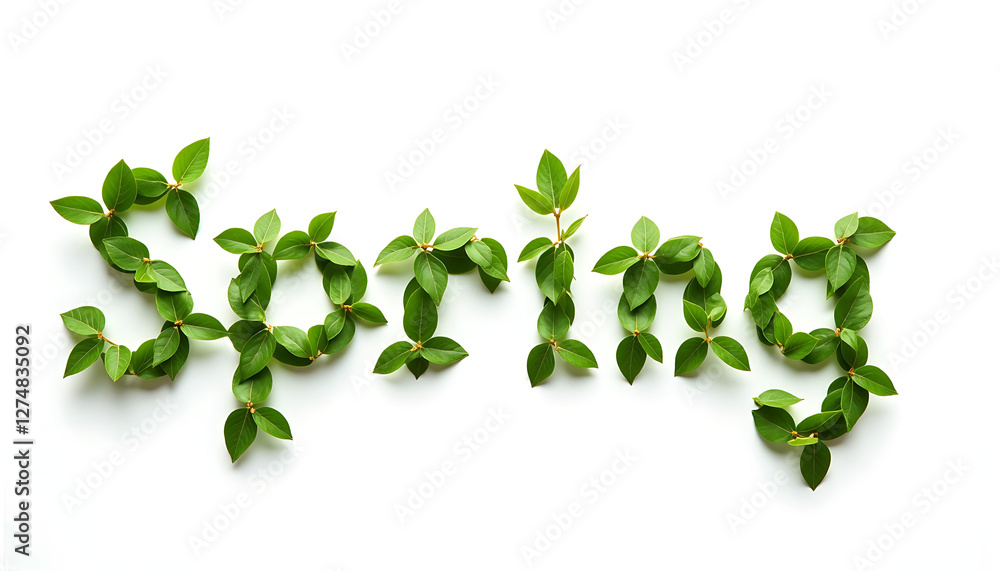 Spring word created with green leaves on white background Spring word created with green leaves on white background
