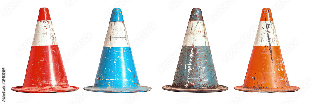 Collection of old colored traffic cone isolated on transparent background Collection of old colored traffic cone isolated on transparent background