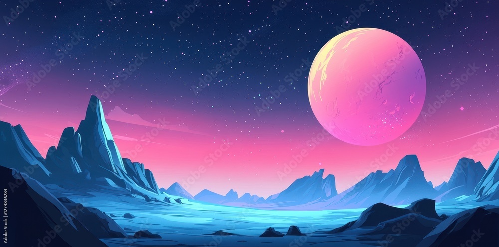 Colorful alien landscape with large planet and starry sky Colorful alien landscape with large planet and starry sky
