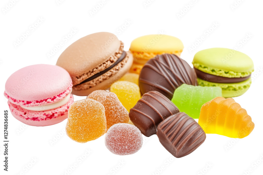 Obraz premium Variety of desserts including chocolate covered pastries, isolated