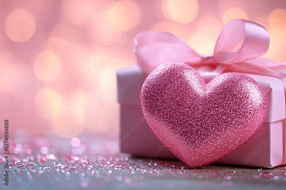Obraz premium A romantic scene featuring a glittery pink heart and a beautifully wrapped gift, ideal for Valentine's Day, weddings, or anniversaries, evoking love and warmth.