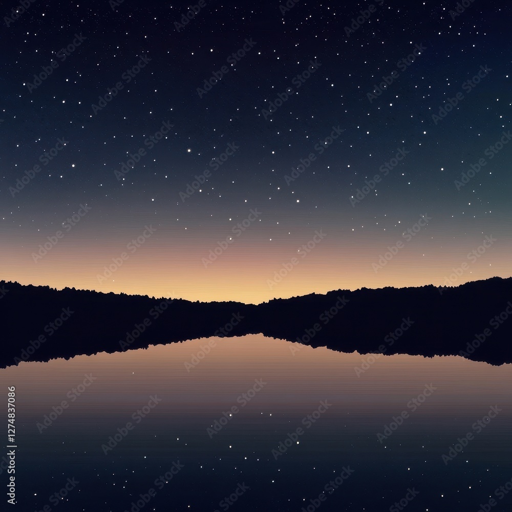 Naklejka premium Starry night sky reflecting over calm lake with silhouetted trees