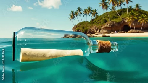 A glass bottle floats on ocean waves, containing a parchment, with a deserted island and palm trees nearby.