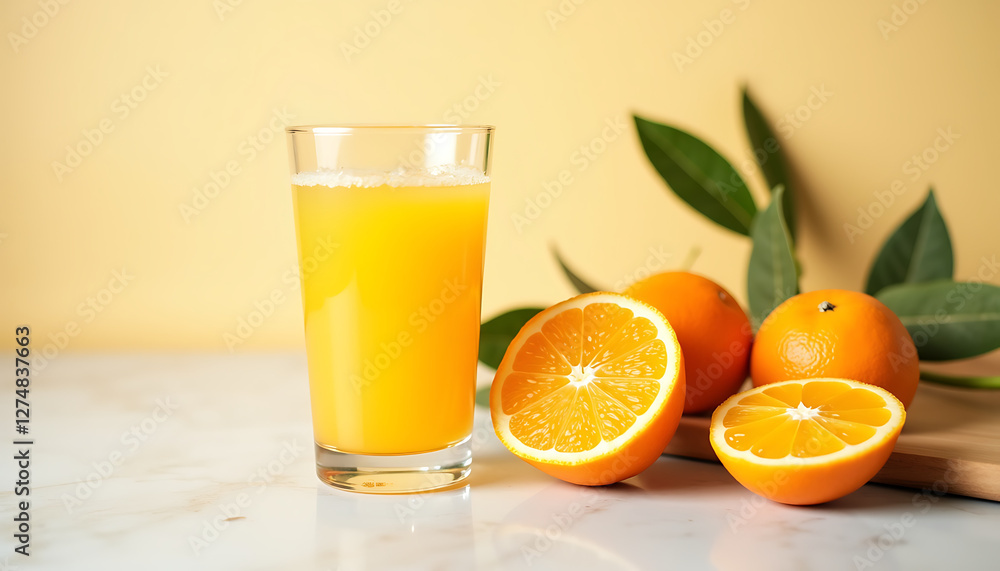 Fresh orange juice in glass with whole and sliced oranges Fresh orange juice in glass with whole and sliced oranges