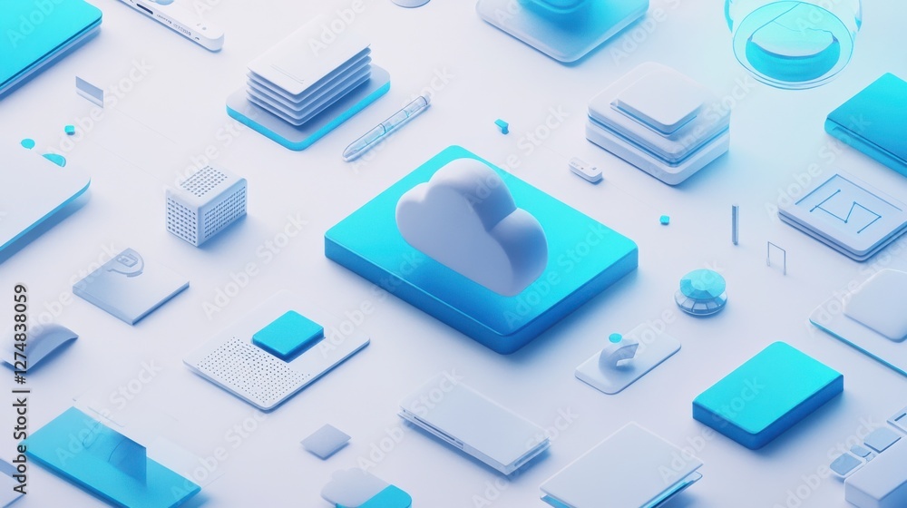 Digital Cloud Concept with 3D Icons and Blue Elements Digital Cloud Concept with 3D Icons and Blue Elements