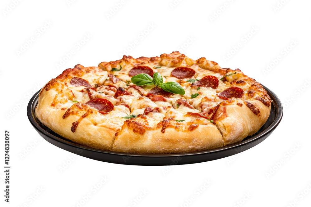 Pepperoni pizza with basil on top, isolated Pepperoni pizza with basil on top, isolated