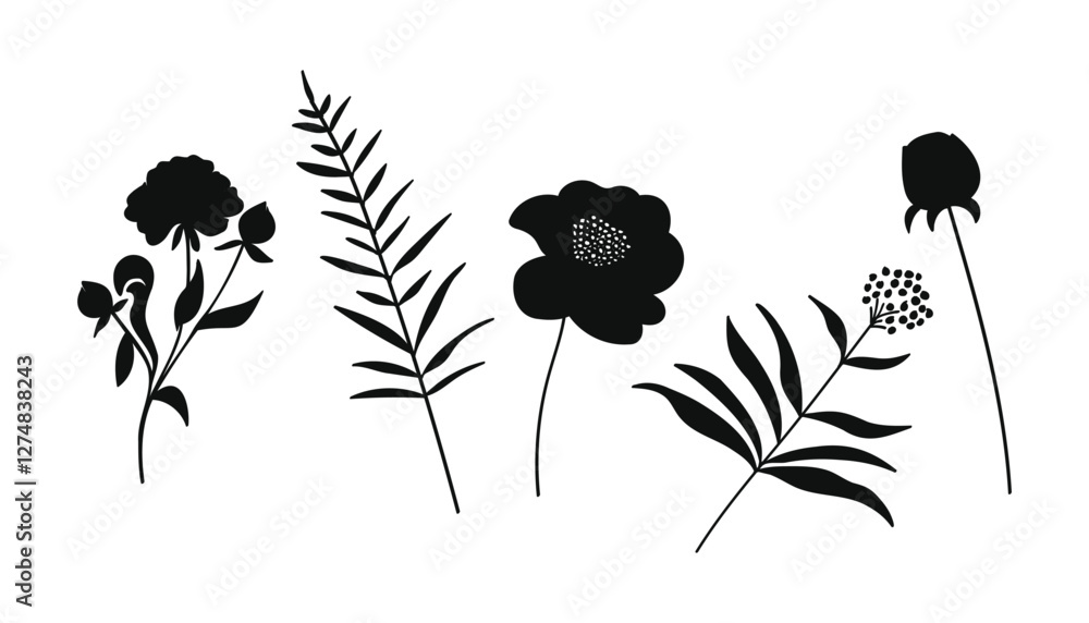 Naklejka premium Aesthetic silhouette botanical flower and leaves.Vector illustration.