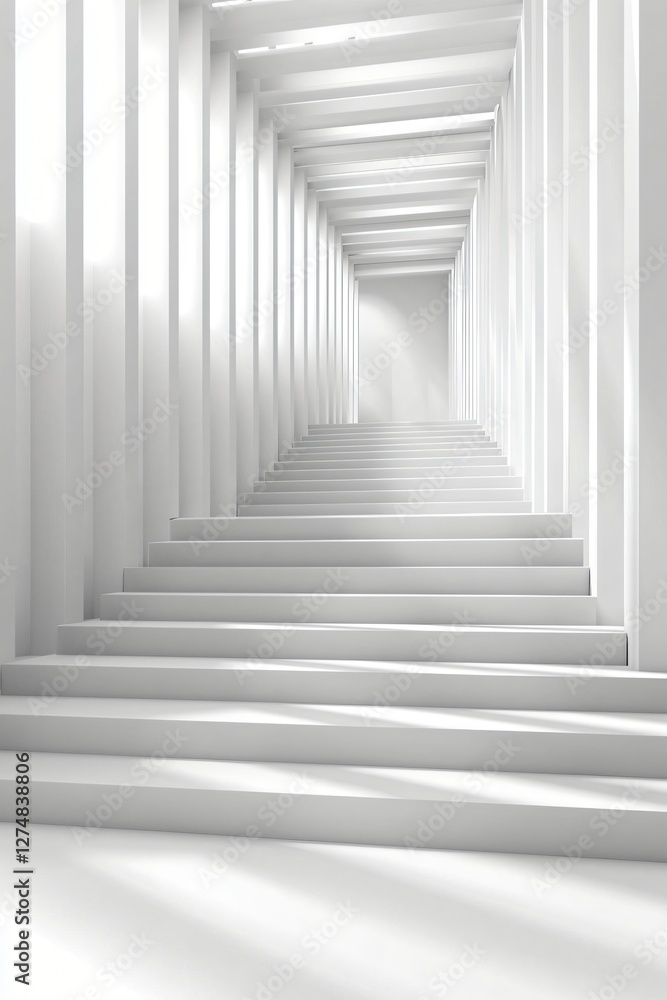 Fototapeta premium White stairway leading to bright light, architectural design, modern building interior, background for success