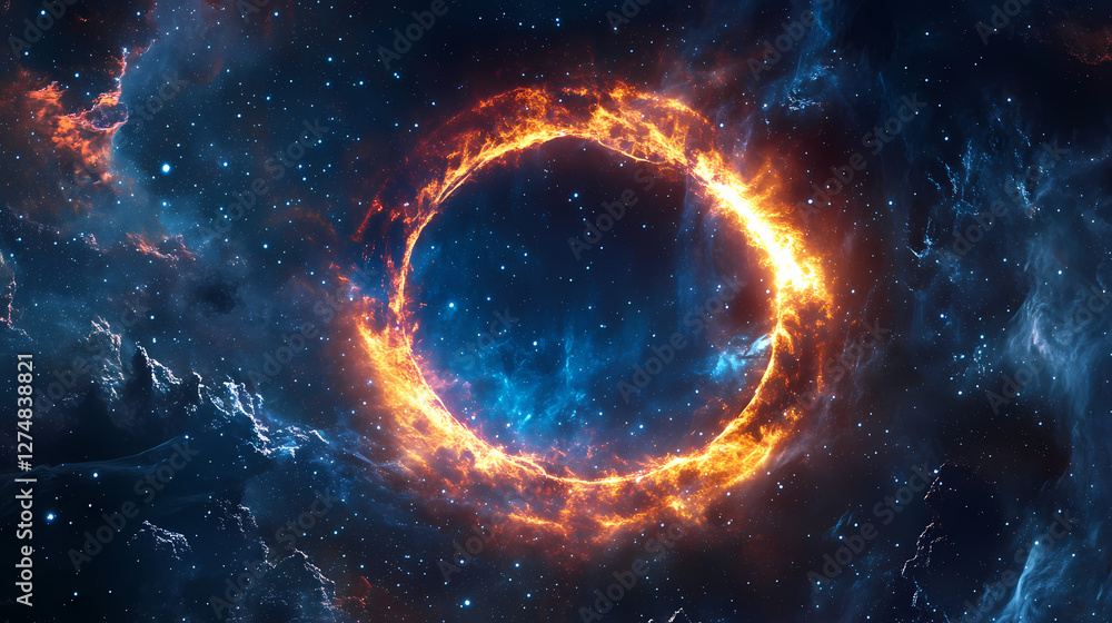 Fototapeta premium Fiery cosmic ring encircles starry nebula space. Magnetic Light Resonance. Illustration