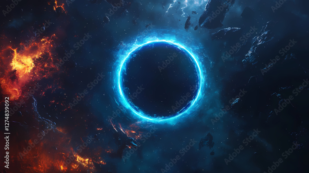 Naklejka premium Glowing blue circle illuminates dark space, solar eclipse with fiery energy ring. Magnetic Light Resonance. Illustration