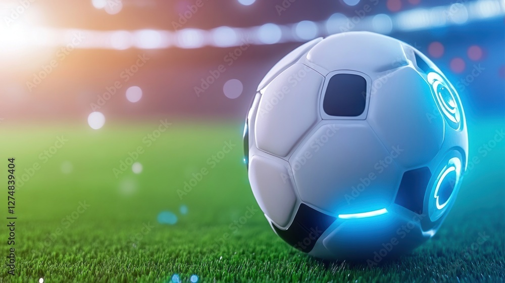 Naklejka premium Futuristic Soccer Ball on Green Field at Night