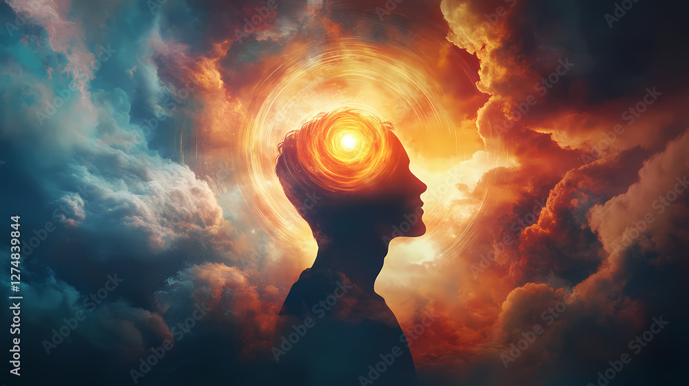 Silhouette of a person with a bright light emanating from their head, surrounded by swirling clouds and a ring of light. Magnetic Light Resonance. Illustration Silhouette of a person with a bright light emanating from their head, surrounded by swirling clouds and a ring of light. Magnetic Light Resonance. Illustration