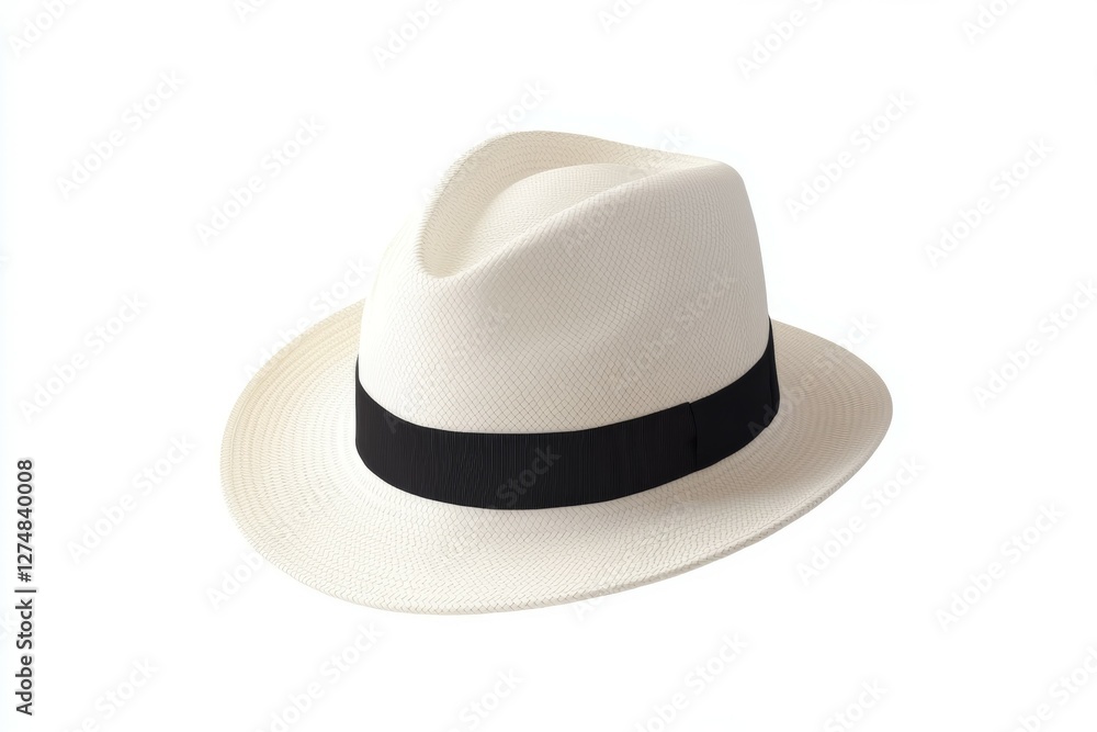 White hat with a black band sits on a white background White hat with a black band sits on a white background