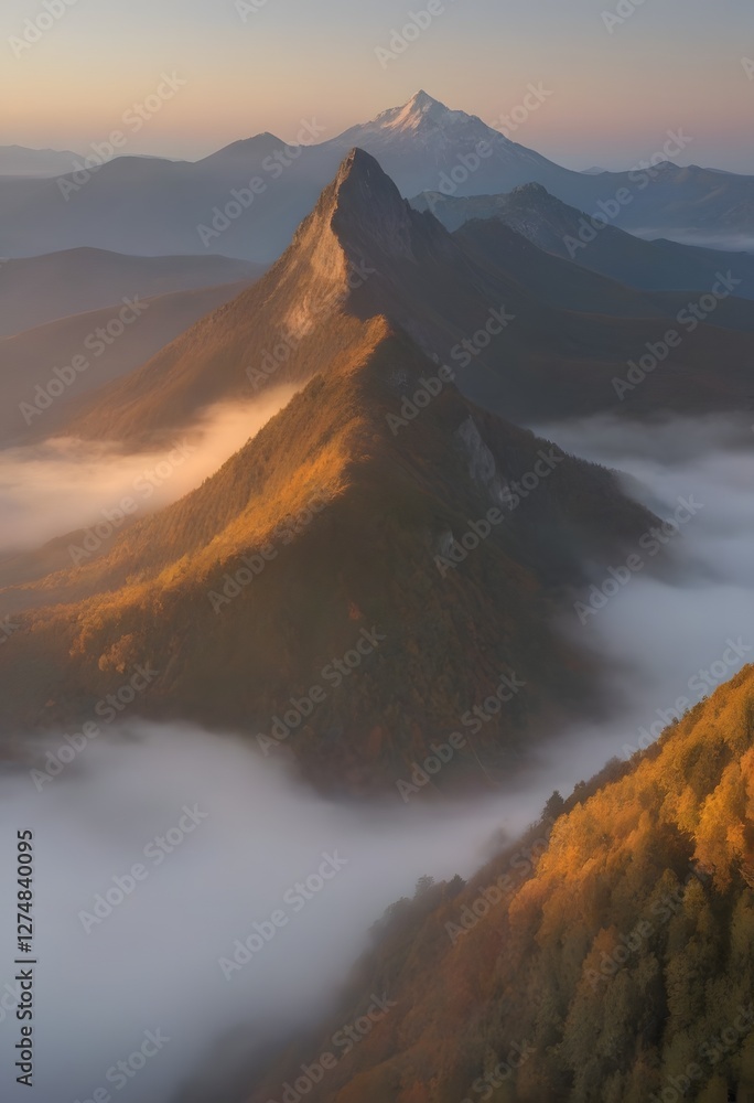 Fototapeta premium Generative AI Majestic Mountains Landscape Sunrise Autumn Scenery mountain mountains landscape autumn fog sunrise forest peak scenery golden foliage snow-capped vertical serenity adventure