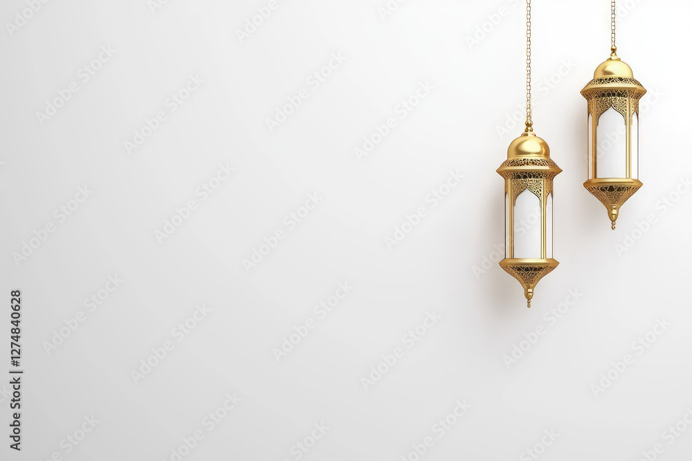 Obraz premium Two elegant gold lanterns hang against a clean white background, offering space for text or design elements.
