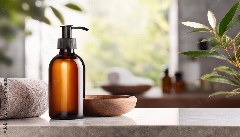 Rustic Amber Glass Pump Bottle on Stone Countertop A Striking Vignette of Simplicity and Elegance, Perfect for Digital Art, Home Decor, or Design Inspiration. Rustic Amber Glass Pump Bottle on Stone Countertop A Striking Vignette of Simplicity and Elegance, Perfect for Digital Art, Home Decor, or Design Inspiration.