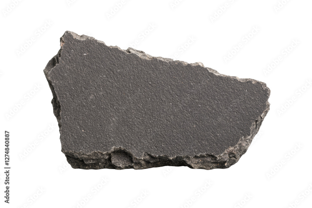 Large rock with a jagged edge sits on a white background, isolated